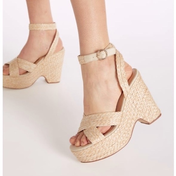 JustFab Shoes - JUSTFAB Mia Natural Raffia Wedge Sandal Tan Chunky Heel Platform Shoes Size 8.5